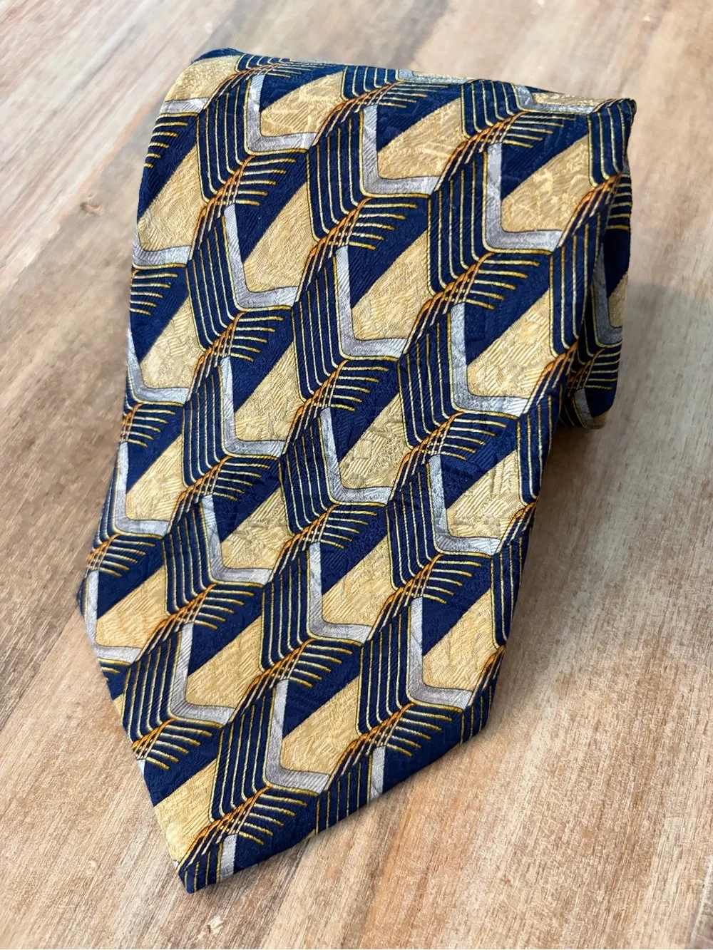 Ermenegildo Zegna 100% Silk “Disegno Esclusivo” Geometric Tie Navy Gold Italy